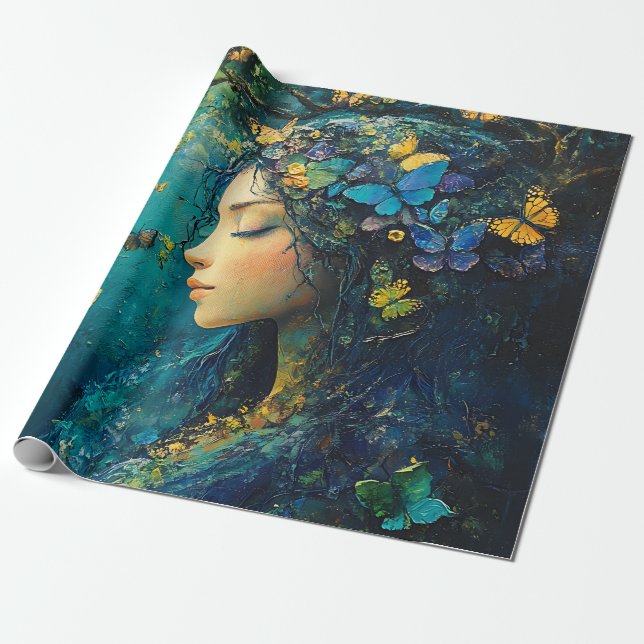 Papel De Presente Deusa da Floresta Encantada com Borboletas (1) (Desenrolado)