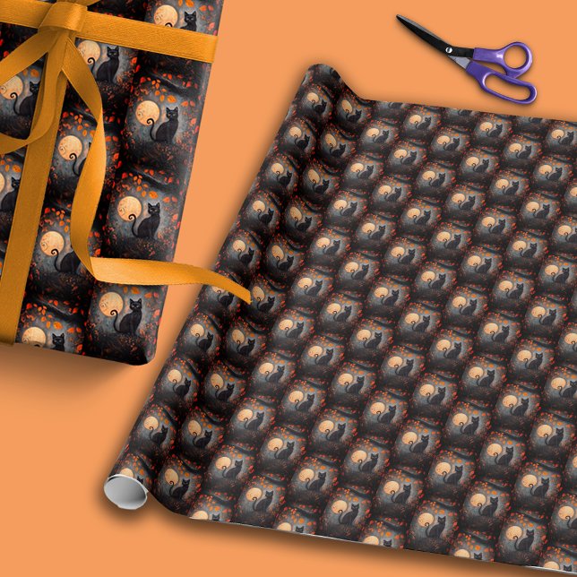 Papel De Presente Dia das Bruxas de outono de 2011 (Black Cat Full Moon Autumn Fall Halloween Wrapping Paper)