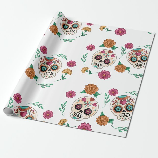 Papel De Presente Dia das Caveiras de Açúcar e Flores Mortas (Desenrolado)
