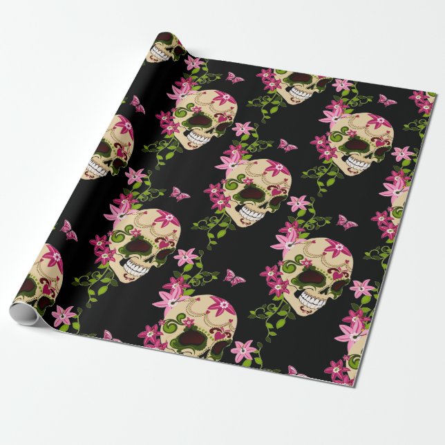 Papel De Presente Dia De Los Muertos (Crânio De Açúcar) (Desenrolado)