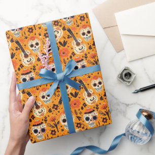 Papel De Presente Dia de Muertos, guitarras e crânios de açúcar lara