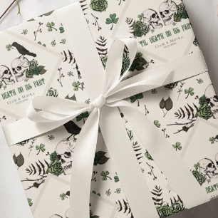 Papel De Presente Dia de São Patrício Gótico Flores de Crânios Casam