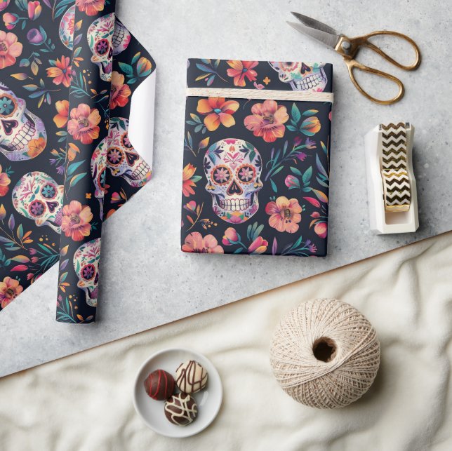 Papel De Presente Dia dos crânios de açúcar morto com flores (Artesanato)