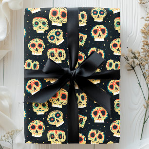 Papel De Presente Dia dos Mortos Padrão de Crânio de Açúcar Colorido