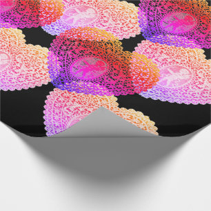 PAPEL DE PRESENTE DIA DOS NAMORADOS CORAÇÕES DE RENDADO CUPIDO PRETO