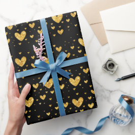 Papel De Presente Dia dos Namorados Corações Pretos e Dourados Elega