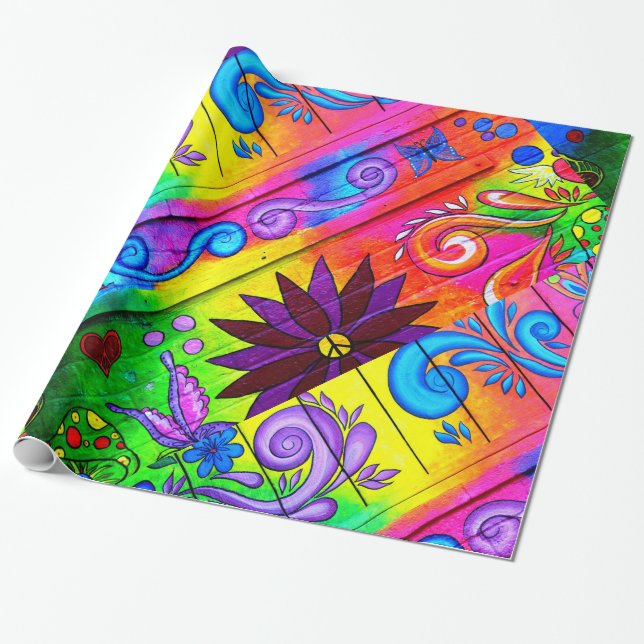 Papel De Presente diagonal psicadélico dos anos 70 do hippie (Desenrolado)