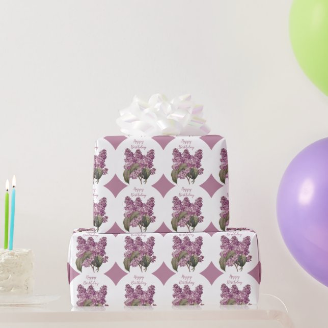 Papel De Presente Diamante Roxo Impresso com Aniversário de Flores L (Presentes para festas)