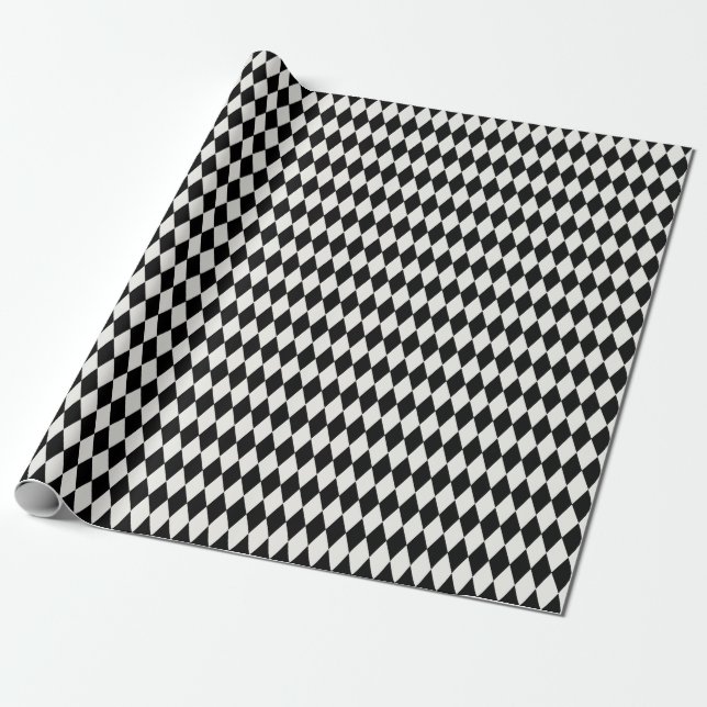 Papel De Presente Diamantes Harlequim Preto e Branco Esmaecido (Desenrolado)