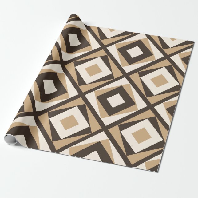 Papel De Presente Diamantes quadrados bege e marrons (Desenrolado)
