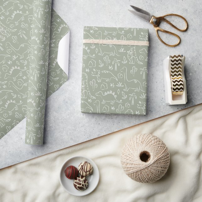 Papel De Presente Dino Menino Dinossauro Boho Bebê T-Rex Verde Sage (Artesanato)