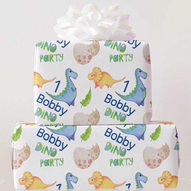 Papel De Presente Dino Party Cute Dinossaur Birthday Boy Personalize (Criador carregado)