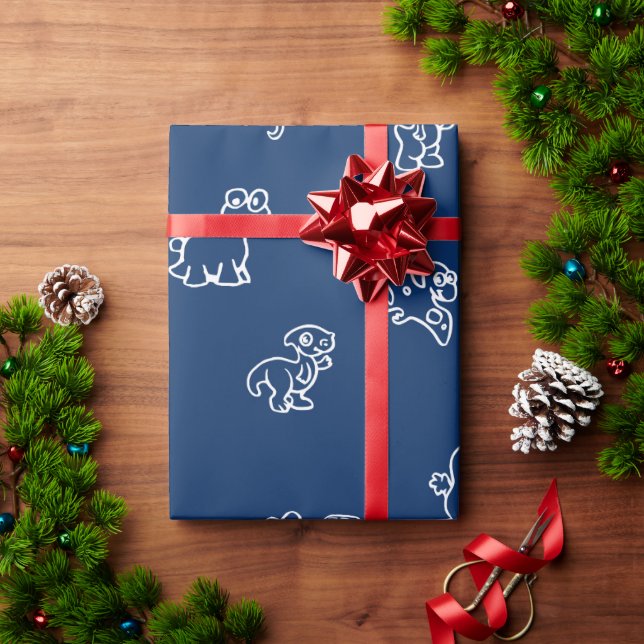 Papel De Presente Dinos de Desenho Animado Brancos Encantadores em A (Presente de Natal)