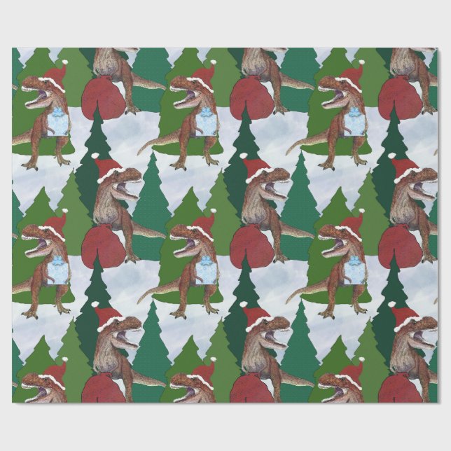 Papel De Presente Dinosaur Christmas T-Rex Santa (Aberto)