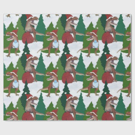 Papel De Presente Dinosaur Christmas T-Rex Santa