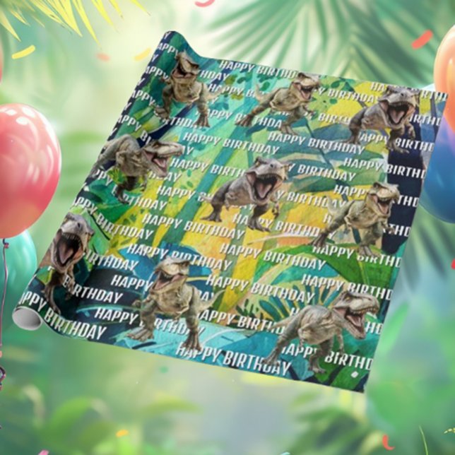 Papel De Presente Dinossaur Roaring Feliz Aniversário (Unbelievable Jungle Dinosaur World’s T-Rex Wrapping Paper!)