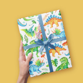 Papel De Presente Dinossauro Aquarela Padrão Verde, Laranja, Azul