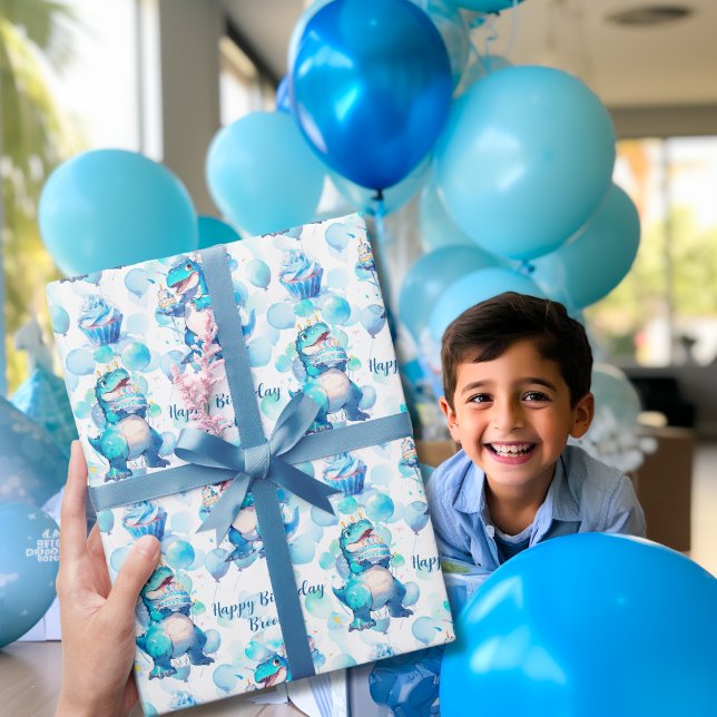 Papel De Presente Dinossauro Azul, Crianças Rex, Festa de aniversári (Let the birthday roar with our Blue Dino T-Rex Wrapping Paper! 🎁🦖 #KidsBirthdayParty)