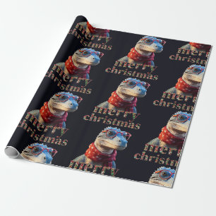 Papel De Presente Dinossauro azul vestindo cachecol de Natal