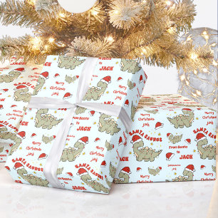 Papel De Presente Dinossauro de Natal bonito Santasaurus Nome Azul