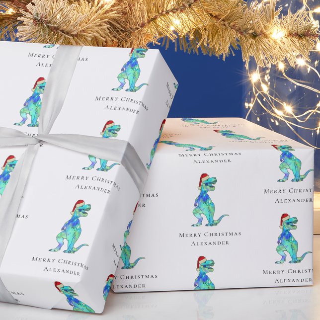 Papel De Presente Dinossauro de Natal T-Rex Personalizado (Personalized Christmas dinosaur holiday gift wrap funny colorful Jurassic festive Santa T-Rex dino)