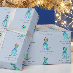 Papel De Presente Dinossauro de Natal T-Rex Personalizado Blue