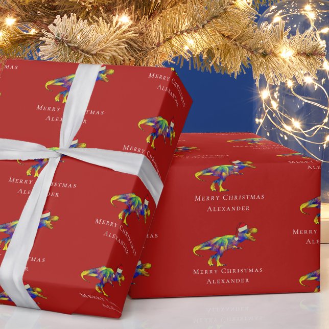 Papel De Presente Dinossauro Divertido Feliz Natal Vermelho Personal (Christmas dinosaur t-Rex personalized boys name holiday red wrapping paper)