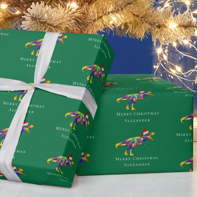 Papel De Presente Dinossauro Engraçado Feliz Natal Personalizado (Funny christmas T-Rex colorful dinosaur personalized boy name green holiday gift wrapping paper)
