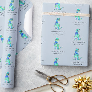 Papel De Presente Dinossauro Feliz Aniversário Menino Azul Personali