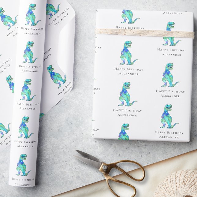 Papel De Presente Dinossauro Feliz Aniversário Nome de Menino Person (dinosaur happy birthday personalized boy name modern gift wrapping paper colorful watercolor T-Rex)