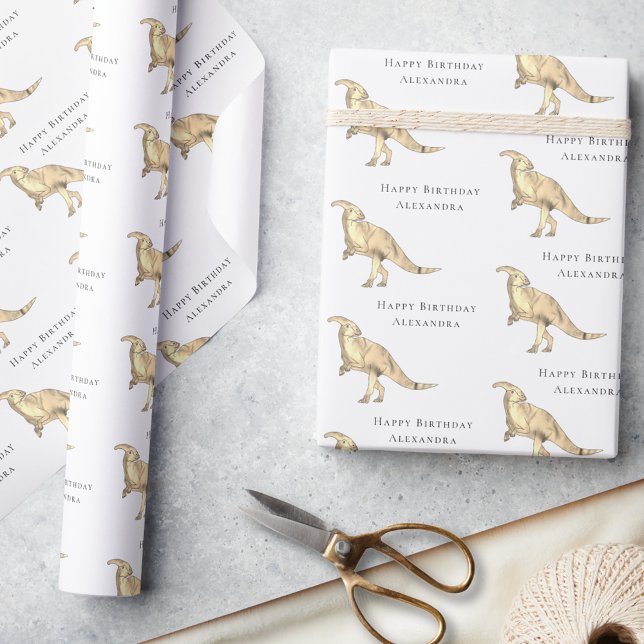 Papel De Presente Dinossauro Feliz Aniversário Personalizado (Cute dinosaur happy birthday personalized girl name wrapping paper Parasaurolophus Jurassic dino)