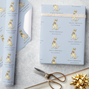 Papel De Presente Dinossauro Feliz Aniversário Personalizado Azul