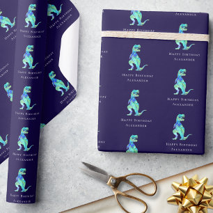 Papel De Presente Dinossauro Feliz Aniversário Personalizado Marinho