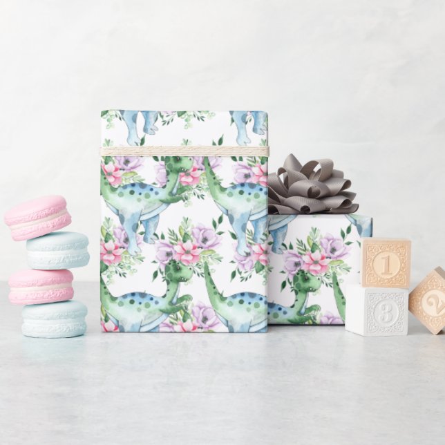 Papel De Presente Dinossauro, moças de desenho flutuante floral  (Chá de bebê)