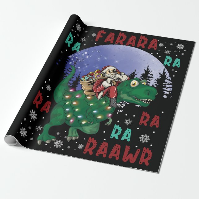 Papel De Presente Dinossauro Natal Papai Noel (Desenrolado)
