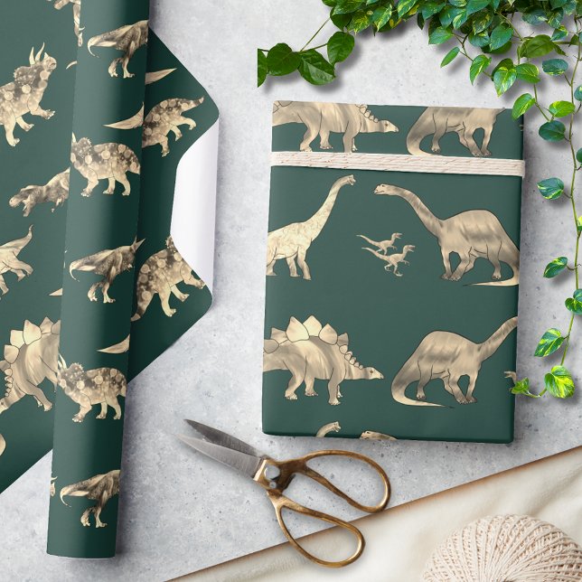 Papel De Presente Dinossauro Padrão Verde (Dinosaur pattern green wrapping paper for dino lovers includes T-Rex velociraptor stegosaurus )