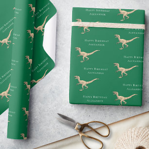 Papel De Presente Dinossauro Personalizado Feliz Aniversário Verde