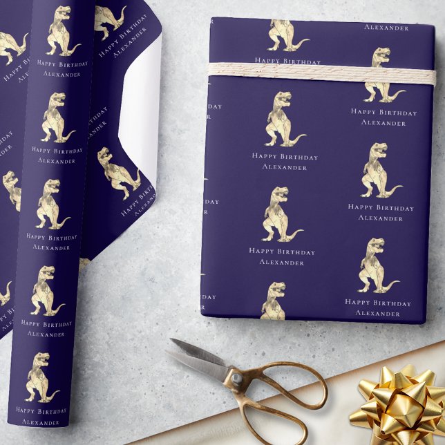 Papel De Presente Dinossauro Personalizado Feliz Marinho de Aniversá (Personalized boys name dinosaur happy birthday navy blue gift wrapping paper Jurassic T-Rex dino)