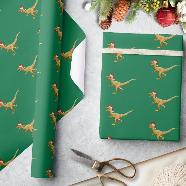 Papel De Presente Dinossauro Raptor de Natal (Christmas dinosaur velociraptor Santa pattern green wrapping paper Cute raptor dino pattern)