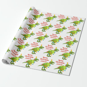 Papel De Presente Dinossauro Santa Hat, Feliz Natal Personalizado