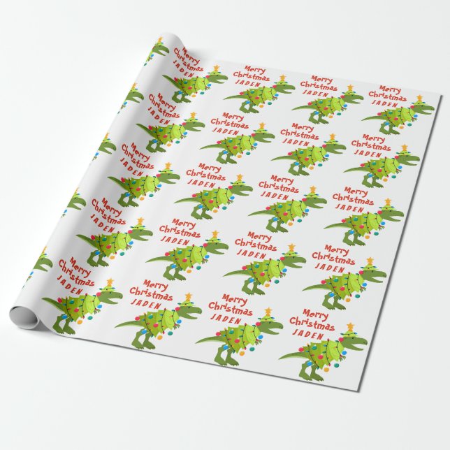 Papel De Presente Dinossauro Santa Hat, Feliz Natal Personalizado (Desenrolado)