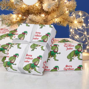 Papel De Presente Dinossauro Santa Hat, Feliz Natal Personalizado