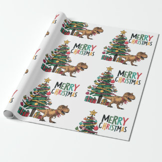 Papel De Presente Dinossauro T-rex engraçado bonito e árvore de Nata