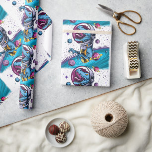 Papel De Presente Dinossauro T-Rex Engraçado no Espaço