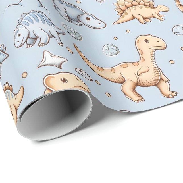 Papel De Presente Dinossauros bebês em azul (Ponta do rolo)