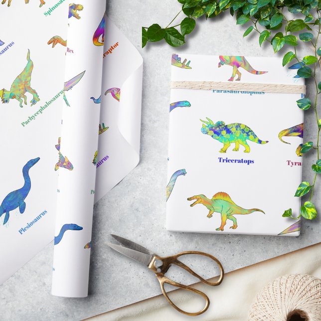 Papel De Presente Dinossauros Coloridos com Nomes Padrão (dinosaurs with names pattern wrapping paper colorful watercolor dino artwork T-Rex velociraptor )