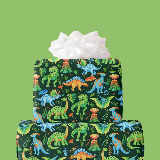 Papel De Presente Dinossauros com aquarela Aniversário em Verde Escu (Watercolor Dinosaurs Boys Birthday on Dark Green Wrapping Paper)