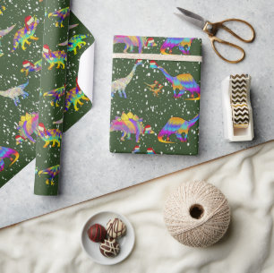 Papel De Presente Dinossauros com Chapéus de Papai Noel Natal