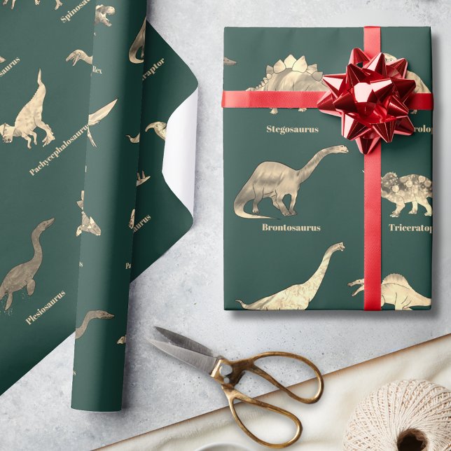 Papel De Presente Dinossauros com Nomes Verde (Dinosaurs with names green wrapping paper for dino lovers)