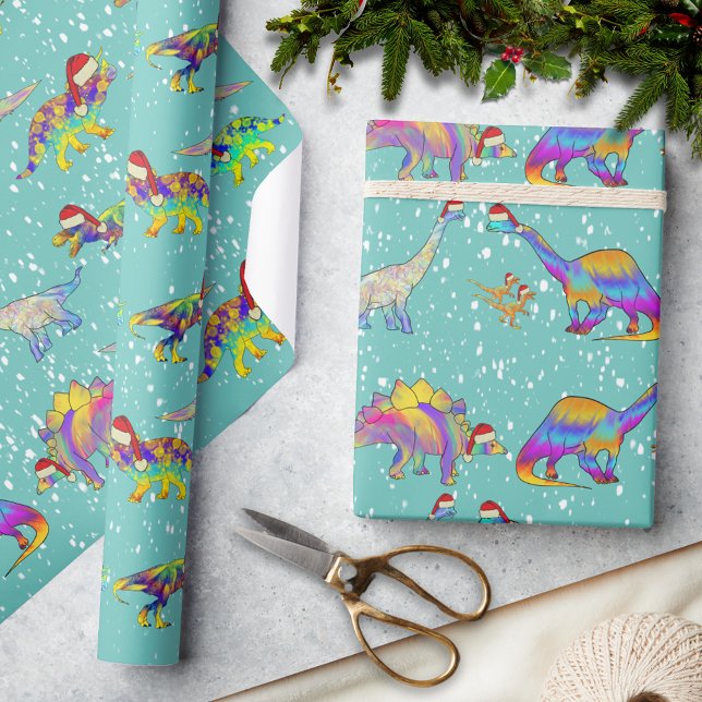 Papel De Presente Dinossauros de Natal com Chapéus de Papai Noel (Christmas dinosaurs in Santa hats in the snow pattern fun holiday wrapping paper for dino lovers)